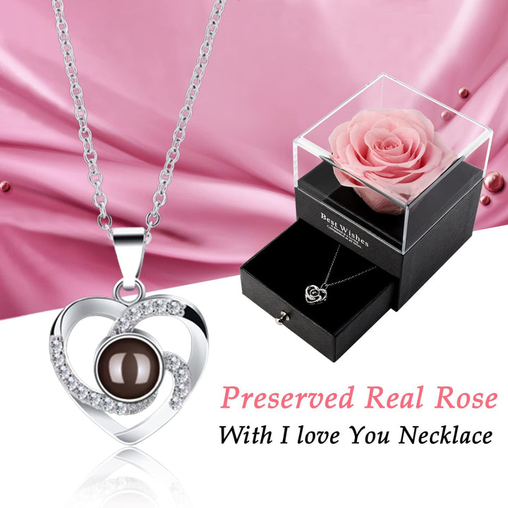 Preserved Real Rose with I Love You Necklace -Eternal Flowers Rose Gifts for Mom Wife Girlfriend Her on Mothers Day Valentines Day Anniversary Christmas Birthday Gifts for Women (Pink)