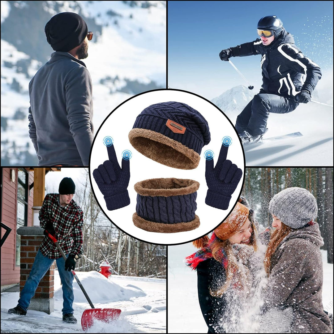 Winter Hat, Scarf, and Gloves Set: Fleece Lined Slouchy Beanie, Snow Knit Skull Cap, Touchscreen Mittens, and Circle Scarves for Men and Women