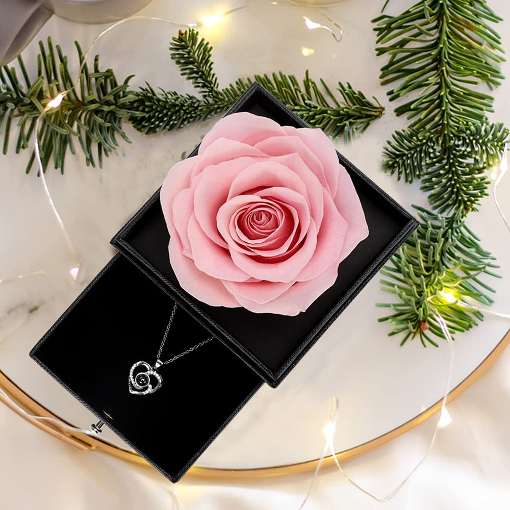 Preserved Real Rose with I Love You Necklace -Eternal Flowers Rose Gifts for Mom Wife Girlfriend Her on Mothers Day Valentines Day Anniversary Christmas Birthday Gifts for Women (Pink)