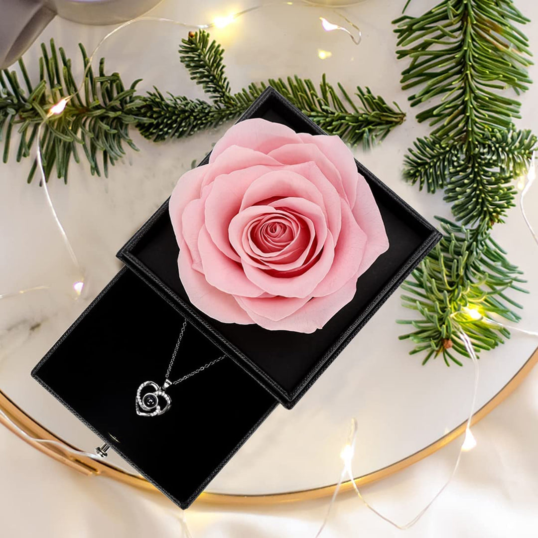 Preserved Real Rose with I Love You Necklace -Eternal Flowers Rose Gifts for Mom Wife Girlfriend Her on Mothers Day Valentines Day Anniversary Christmas Birthday Gifts for Women (Pink)