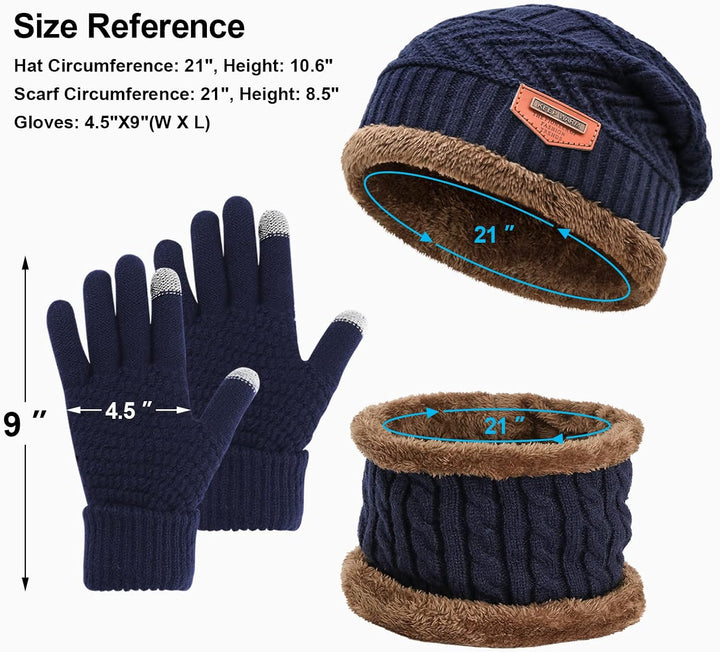 Winter Hat, Scarf, and Gloves Set: Fleece Lined Slouchy Beanie, Snow Knit Skull Cap, Touchscreen Mittens, and Circle Scarves for Men and Women