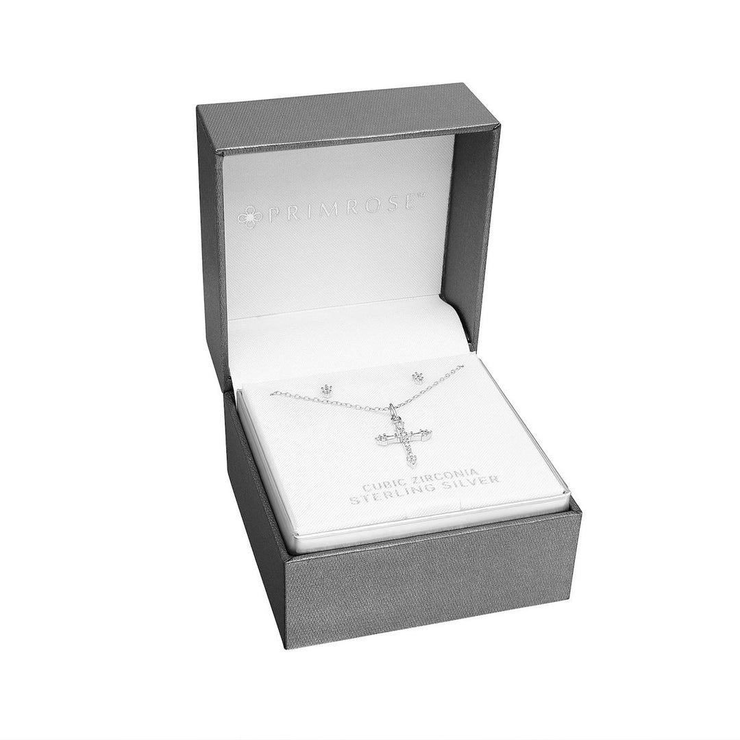 Cubic Zirconia Double Round Stud Earrings & Cross Pendant Necklace Set