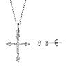 Cubic Zirconia Double Round Stud Earrings & Cross Pendant Necklace Set