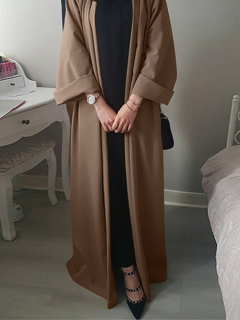 Women Vintage Solid Color Loose Casual Cardigan Abaya Kaftan Long Sleeve Robe