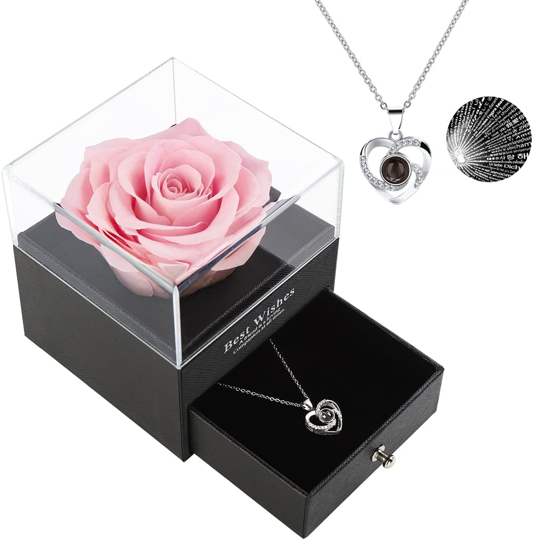 Preserved Real Rose with I Love You Necklace -Eternal Flowers Rose Gifts for Mom Wife Girlfriend Her on Mothers Day Valentines Day Anniversary Christmas Birthday Gifts for Women (Pink)