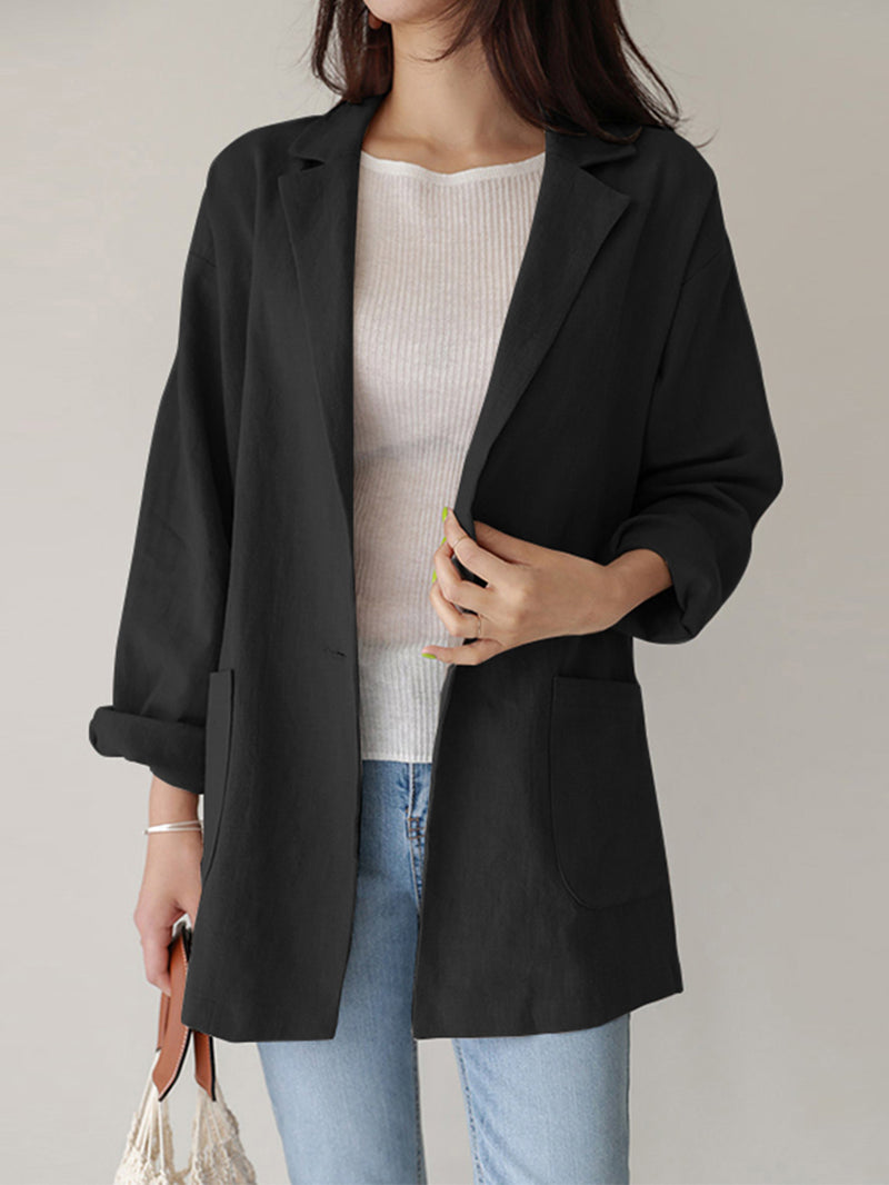 Women Plain Turn-Down Collar Casual Stylish Long Sleeve Blazer with Pockets