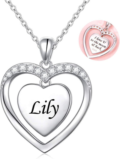 Sterling Silver Heart Personalized Custom Name Necklace Script Initial Nameplate I Love You to the Moon and Back Necklace Jewelry for Women