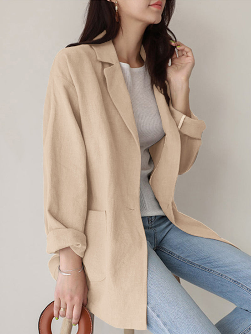 Women Plain Turn-Down Collar Casual Stylish Long Sleeve Blazer with Pockets