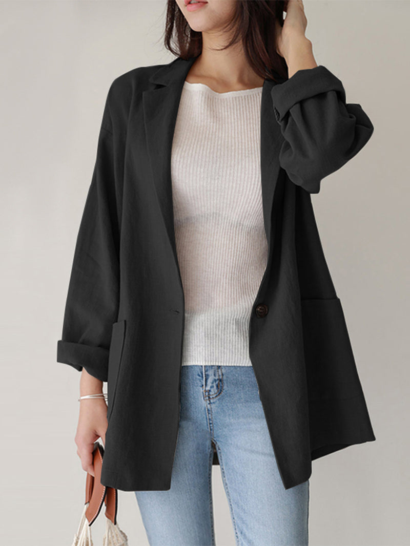 Women Plain Turn-Down Collar Casual Stylish Long Sleeve Blazer with Pockets