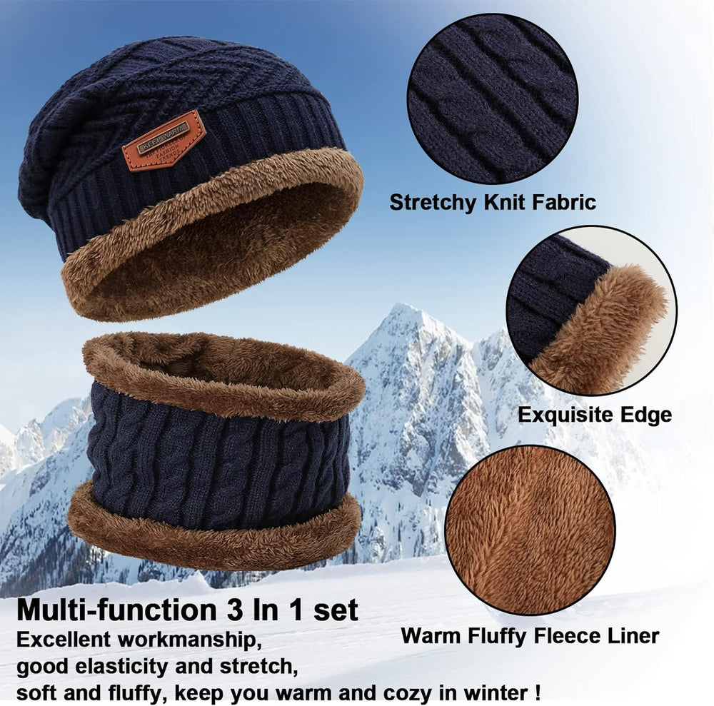 Winter Hat, Scarf, and Gloves Set: Fleece Lined Slouchy Beanie, Snow Knit Skull Cap, Touchscreen Mittens, and Circle Scarves for Men and Women