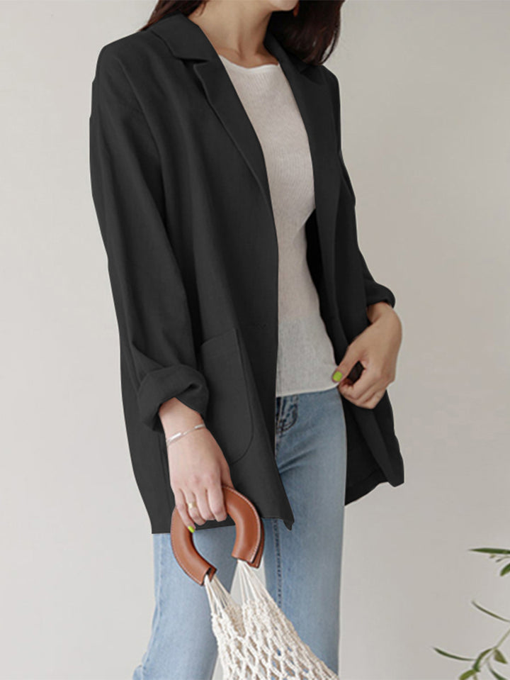 Women Plain Turn-Down Collar Casual Stylish Long Sleeve Blazer with Pockets