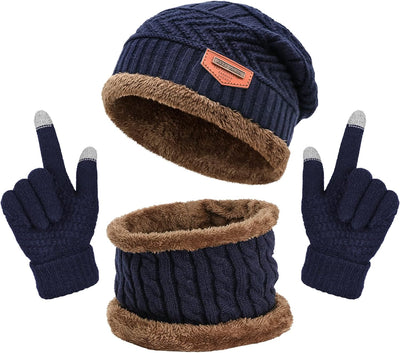 Winter Hat, Scarf, and Gloves Set: Fleece Lined Slouchy Beanie, Snow Knit Skull Cap, Touchscreen Mittens, and Circle Scarves for Men and Women
