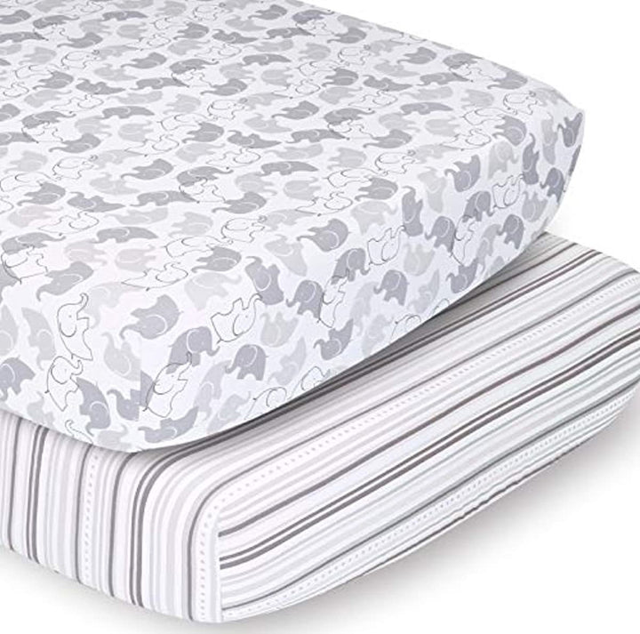 Gray Elephants & Stripes Fitted Crib Sheets Set - 2 Pack Set